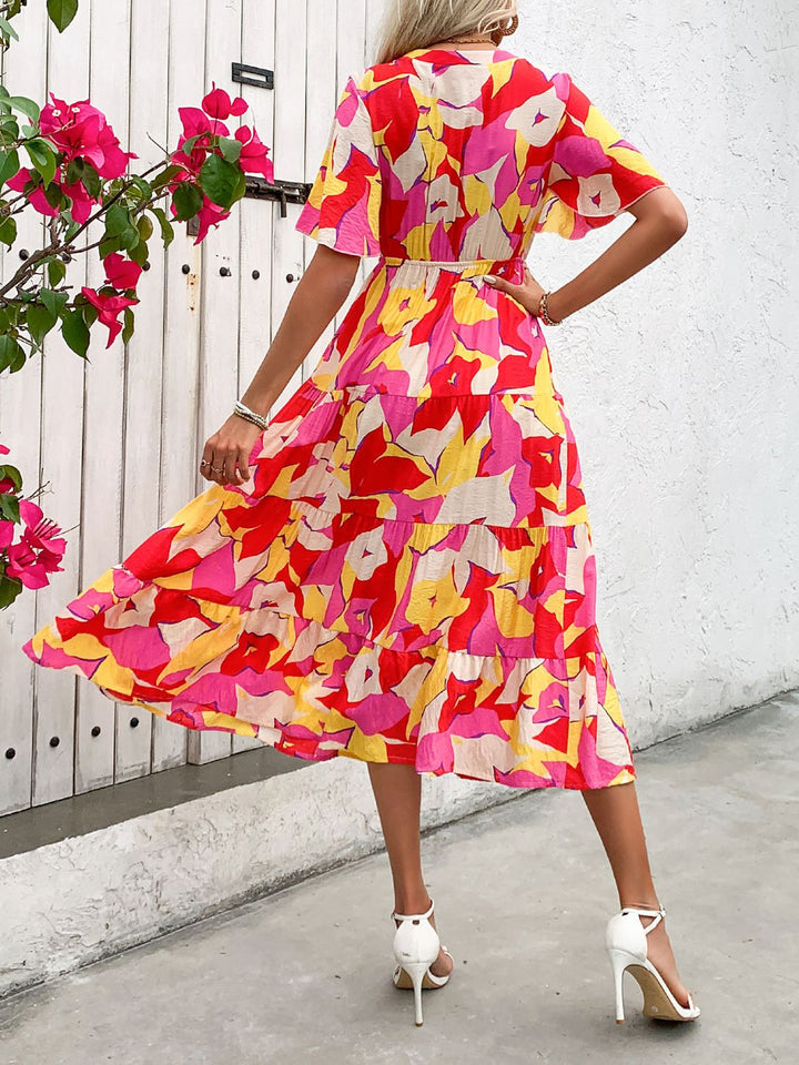 Robe Midi Fleurie Femme – Boutonnée, Ceinturée à Taille Haute avec Manches Courtes