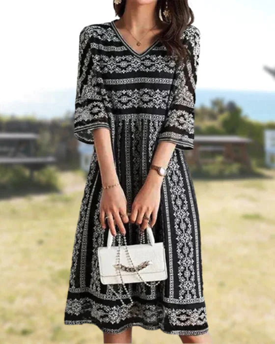 Robe Midi Femme – Manches 3/4 & Motifs Bohèmes – Coupe Fluide Élégante avec Décolleté V
