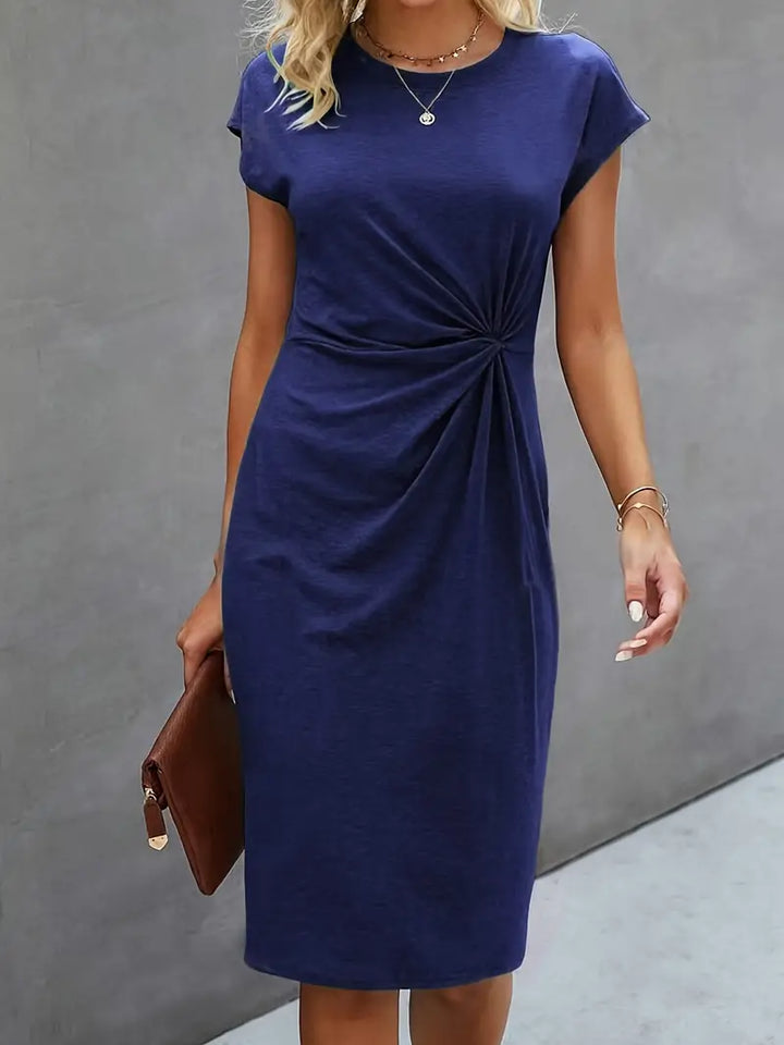 Robe Midi Cintrée Femme – Manches Courtes – Détail Froncé à la Taille – Style Chic et Confortable