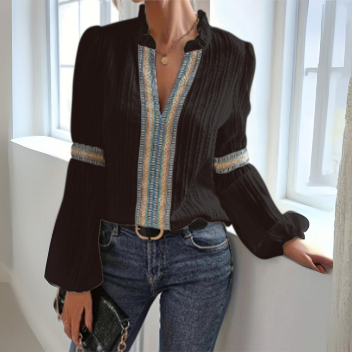 Blouse Femme Chic à Manches Longues – Col Froncé & Broderie Ethnique