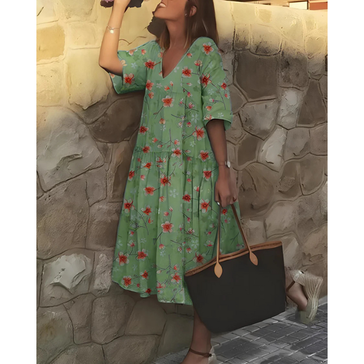 Robe Boho À Col En V Et Manches Courtes Pour Femmes | Midi