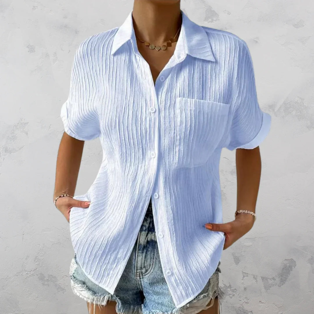 Texturiertes, lässiges Sommerhemd mit Knöpfen für Damen | Kurze Ärmel
