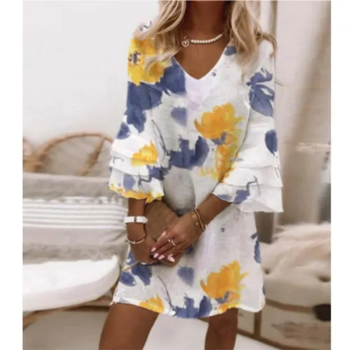 Bedrucktes Sommerkleid mit langen Ärmeln für Damen | Mini