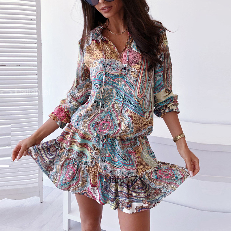 Robe Courte Femme Bohème Chic – Imprimé Cachemire, Manches Longues, Taille Élastique
