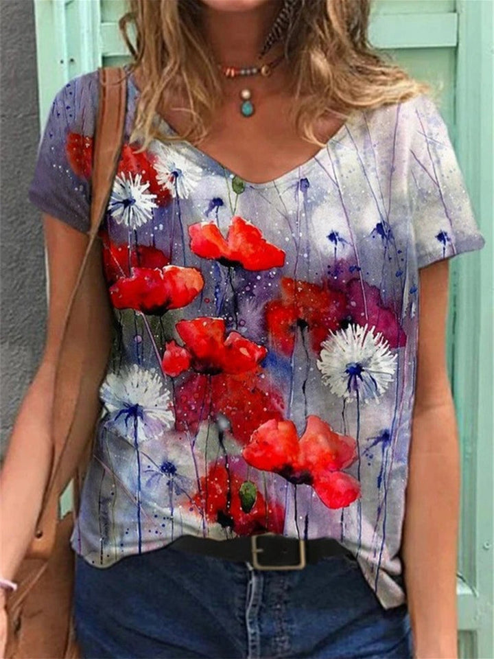 T-Shirt mit V-Ausschnitt und floraler Kunstmalerei