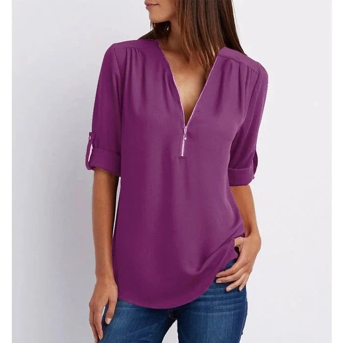 Marta | Blusa taglie forti a maniche 3/4 ampia con cerniera