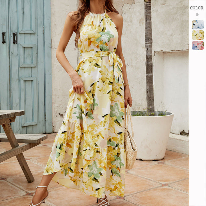 Robe Longue Fleurie Femme – Col Halter, Dos Nu et Ceinture à Nouer