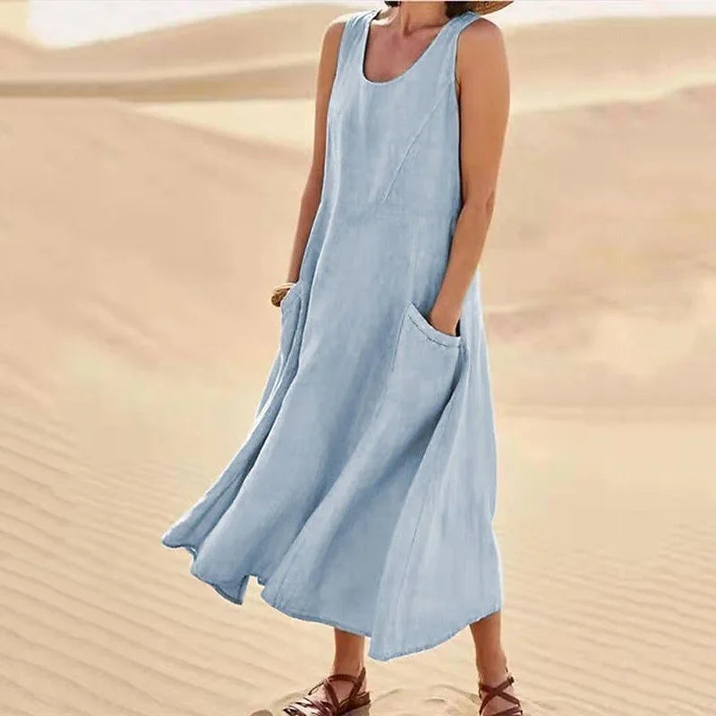 Ärmelloses Kleid aus Baumwolle und Leinen mit Taschen für Damen
