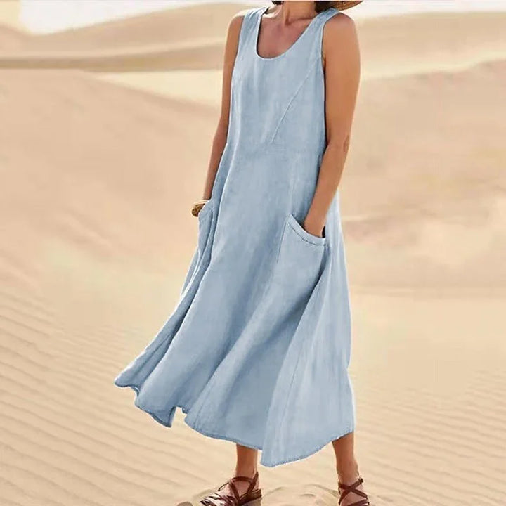 Ärmelloses Kleid aus Baumwolle und Leinen mit Taschen für Damen