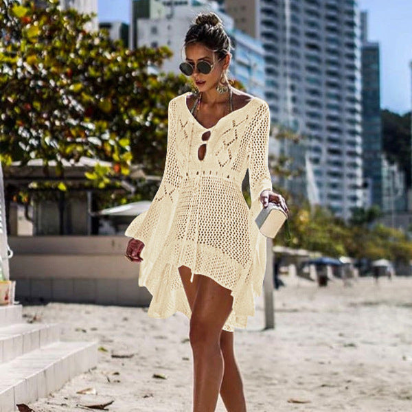 Robe de Plage Femme Crochet – Tunique Transparente avec Manches Longues et Détail à Lacet