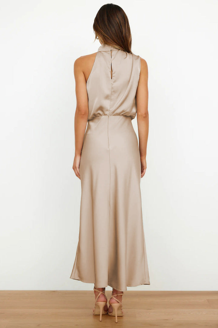 Robe Midi Femme Élégante – Robe Satinée Col Haut Drapé pour Soirée ou Occasion Spéciale