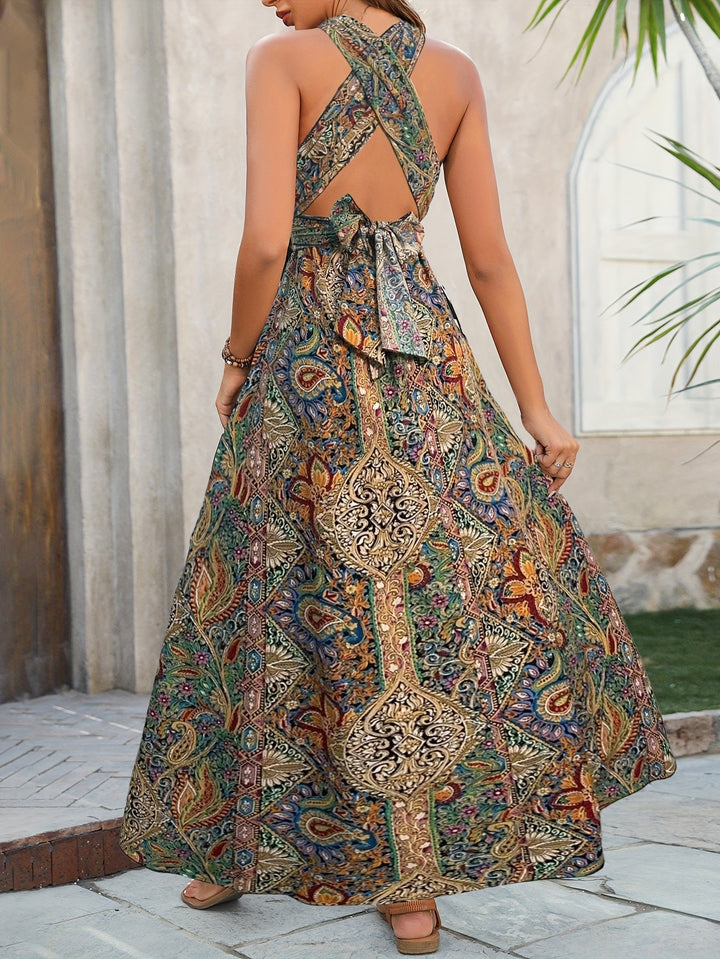 Abito lungo con stampa paisley e schiena incrociata aperta