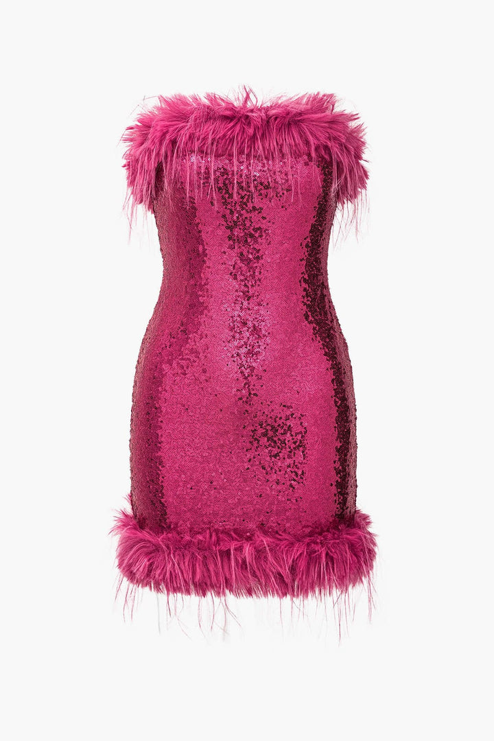 Robe sans manche à paillettes et plumes pour soirée élégante
