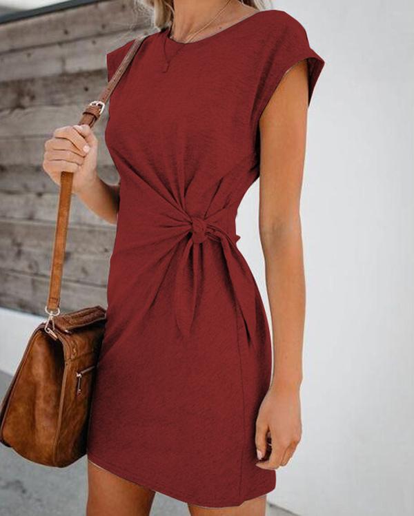 Robe Courte Femme Casual à Nœud Taille – Manches Cap, Style Décontracté Chic