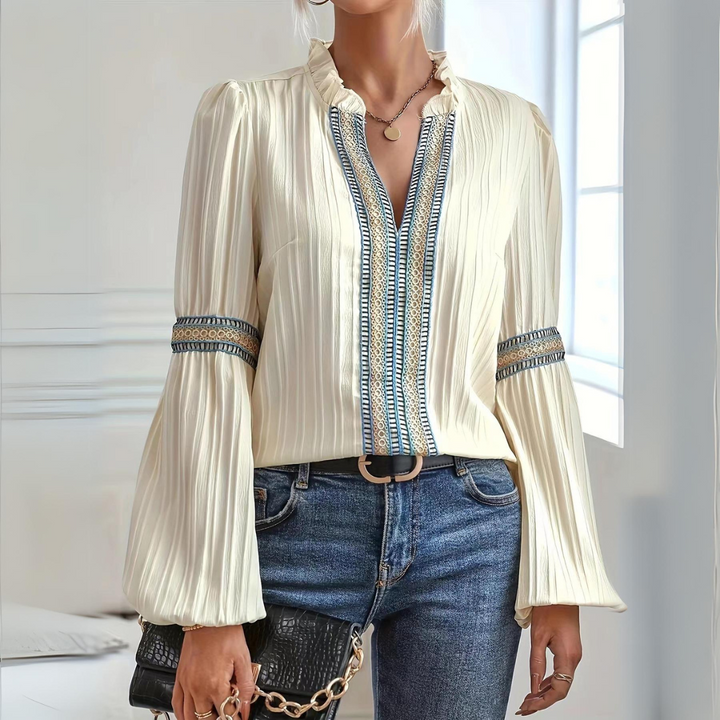 Blouse Femme Chic à Manches Longues – Col Froncé & Broderie Ethnique