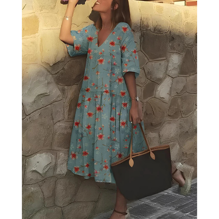 Robe Boho À Col En V Et Manches Courtes Pour Femmes | Midi