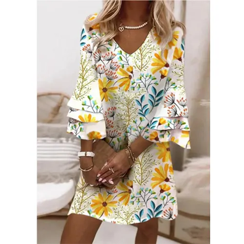 Bedrucktes Sommerkleid mit langen Ärmeln für Damen | Mini