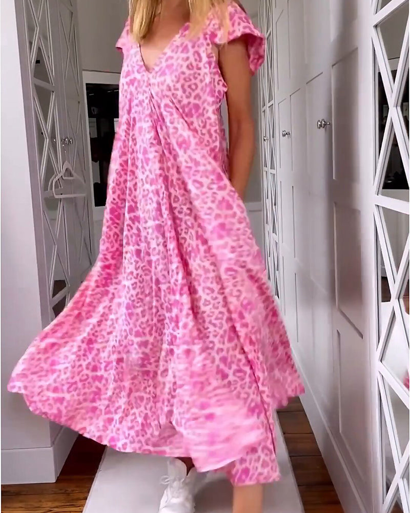 Minette - Robe longue imprimée col V et manches courtes