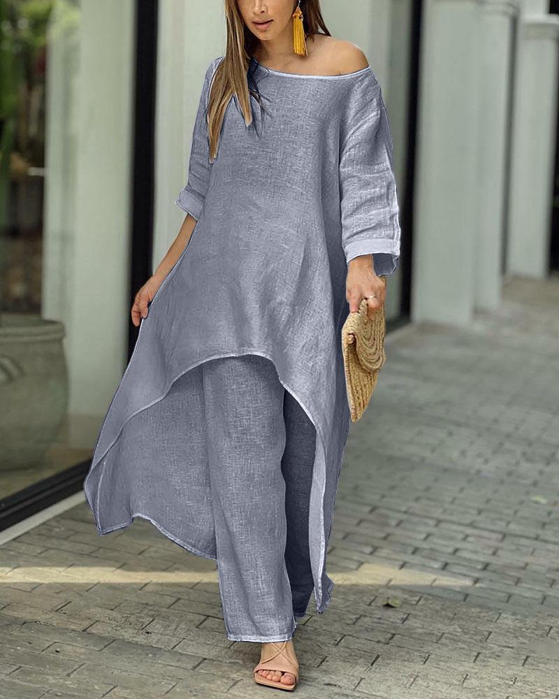 Tenue deux pièces en coton et lin pour femmes, couleur unie, coupe ample, décontractée, pour l'automne