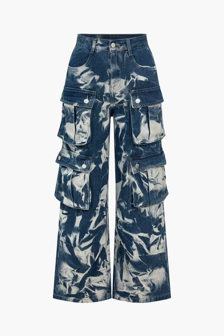 Jean Cargo à Poches à Rabat Tie Dye - Style Décontracté en Denim