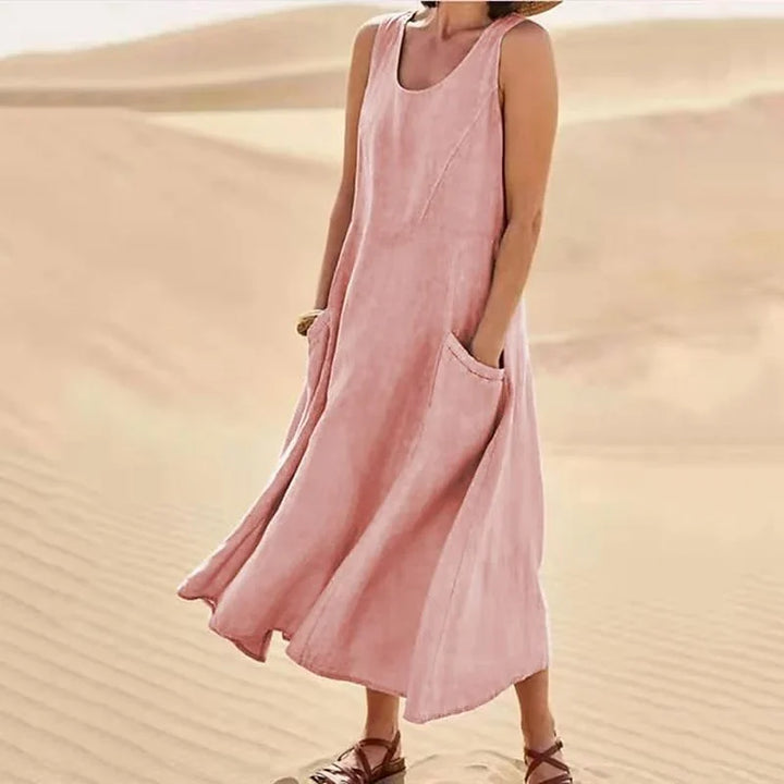 Ärmelloses Kleid aus Baumwolle und Leinen mit Taschen für Damen