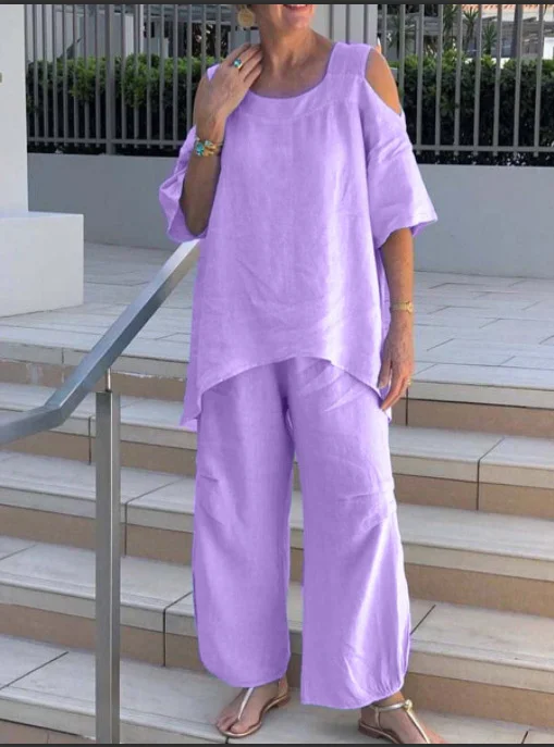 Ensemble Hose mit kurzen Ärmeln aus Baumwoll-Leinen mit Rundhalsausschnitt für Damen