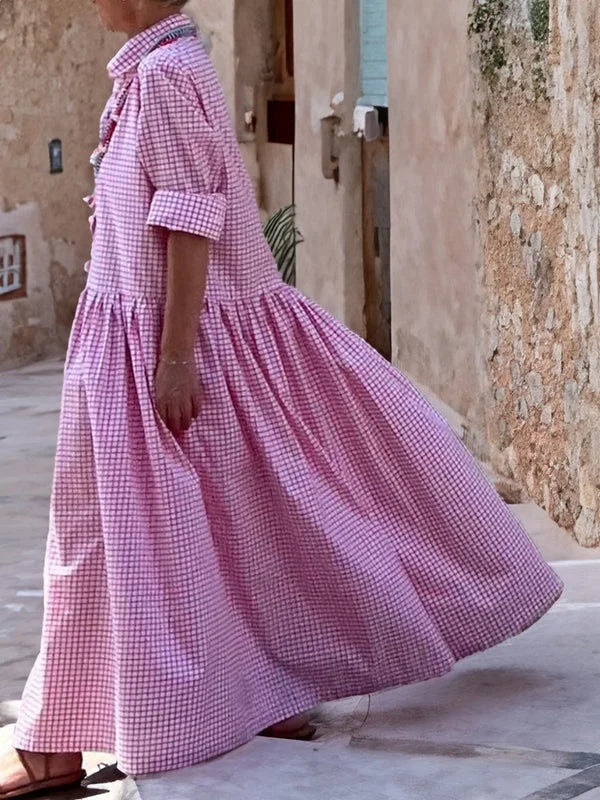 Robe décontractée à manches longues en coton, lin et tissu à carreaux