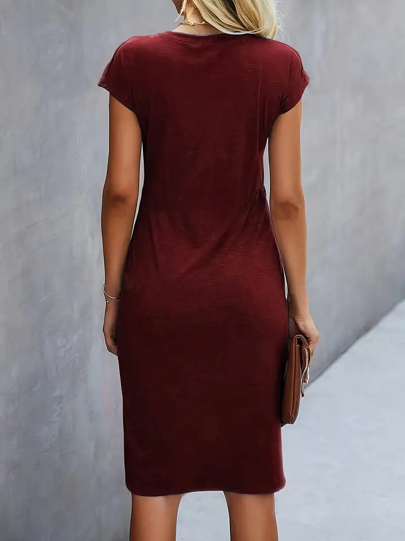 Robe Midi Cintrée Femme – Manches Courtes – Détail Froncé à la Taille – Style Chic et Confortable