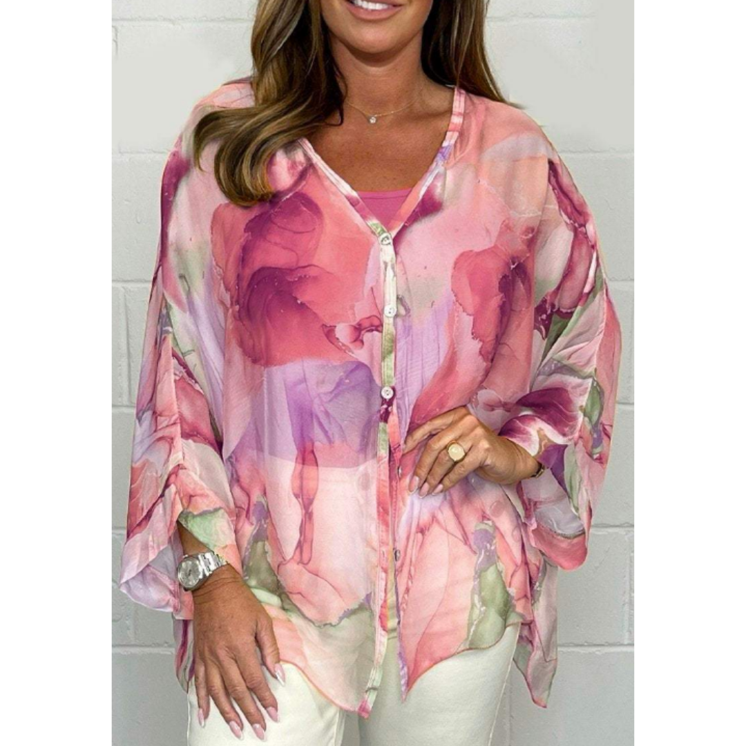 Sommerbluse mit Blumenknöpfen für Damen | Lange Ärmel