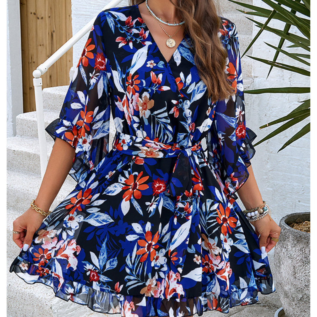 Femme Fleurs V Décolleté Abito Con Maniche Cloche | Mini