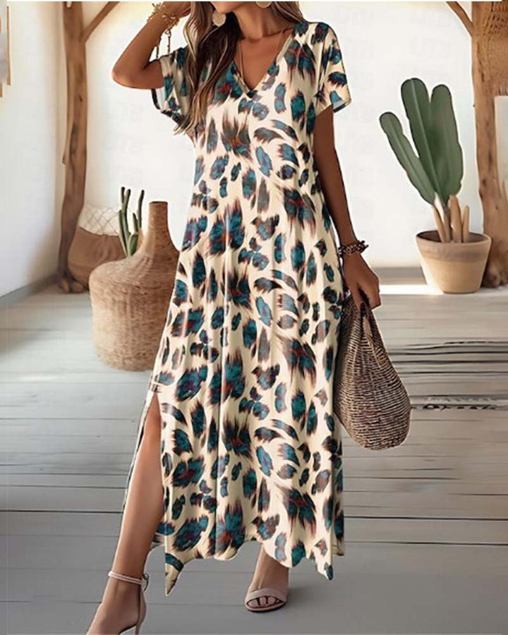 Robe Longue d’Été Femme – Coupe Fluide Décontractée avec Encolure en V