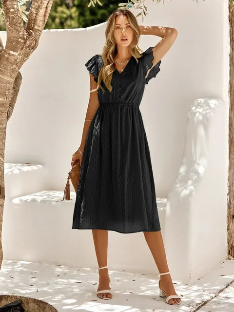 Robe Midi à Manches Volants et Taille Élastique – Élégance Légère pour Été, Brunch ou Balade Stylée