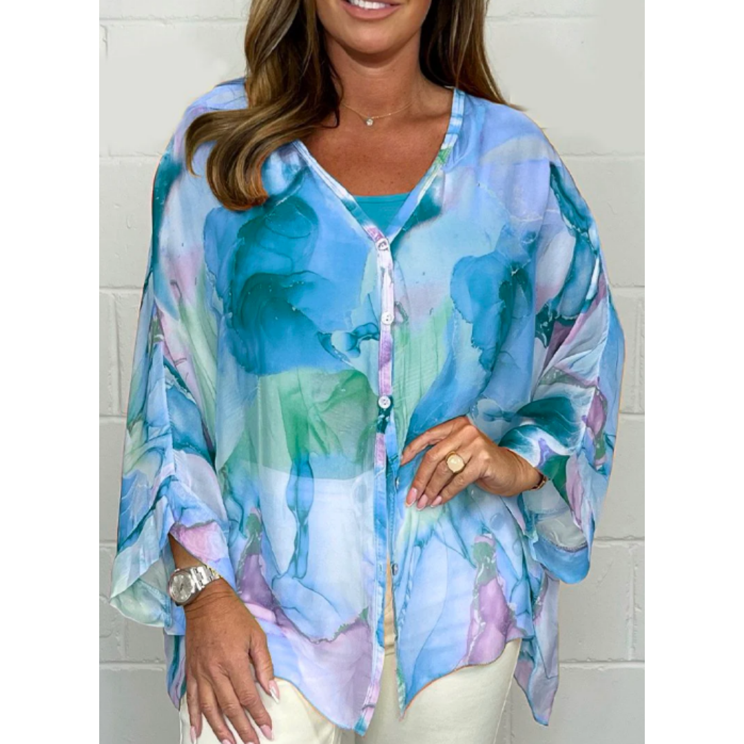Sommerbluse mit Blumenknöpfen für Damen | Lange Ärmel