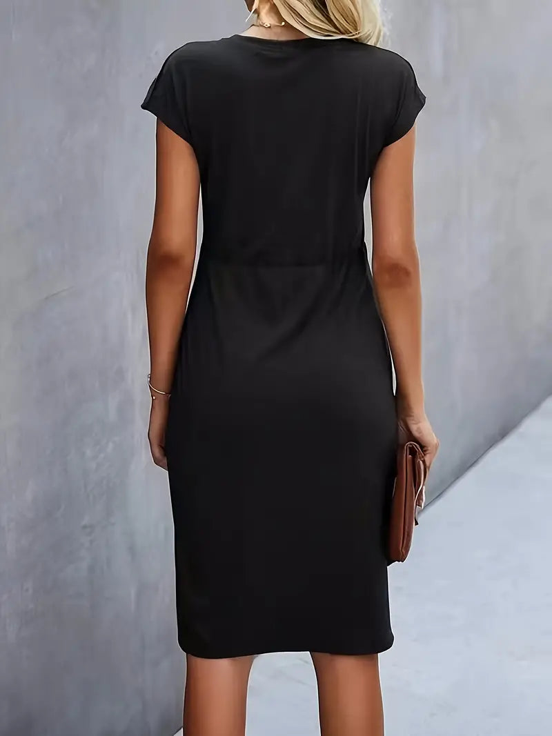 Robe Midi Cintrée Femme – Manches Courtes – Détail Froncé à la Taille – Style Chic et Confortable