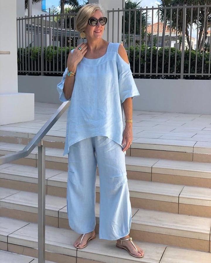 Ensemble Hose mit kurzen Ärmeln aus Baumwoll-Leinen mit Rundhalsausschnitt für Damen