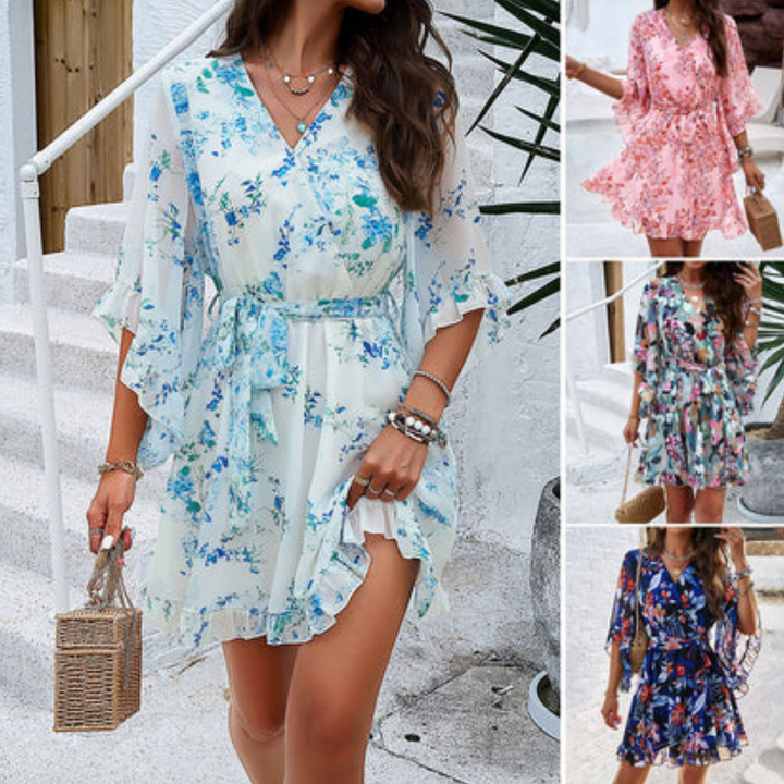Femme Fleurs V Décolleté Abito Con Maniche Cloche | Mini