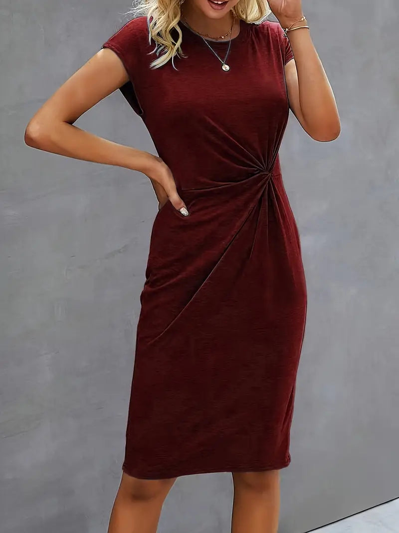 Robe Midi Cintrée Femme – Manches Courtes – Détail Froncé à la Taille – Style Chic et Confortable