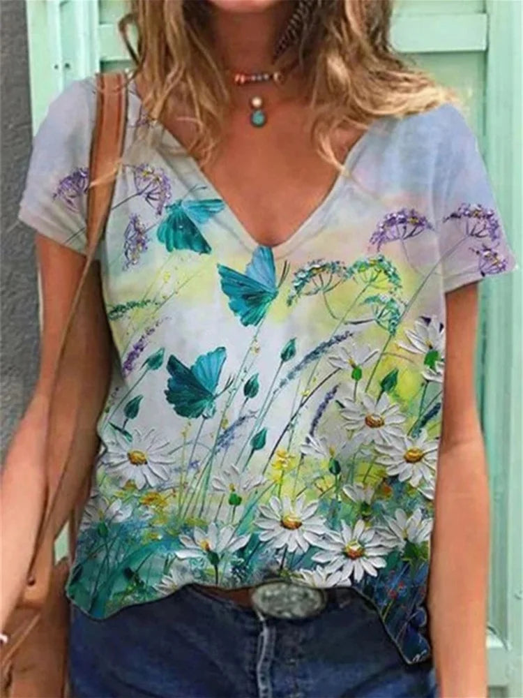T-Shirt mit V-Ausschnitt und floraler Kunstmalerei