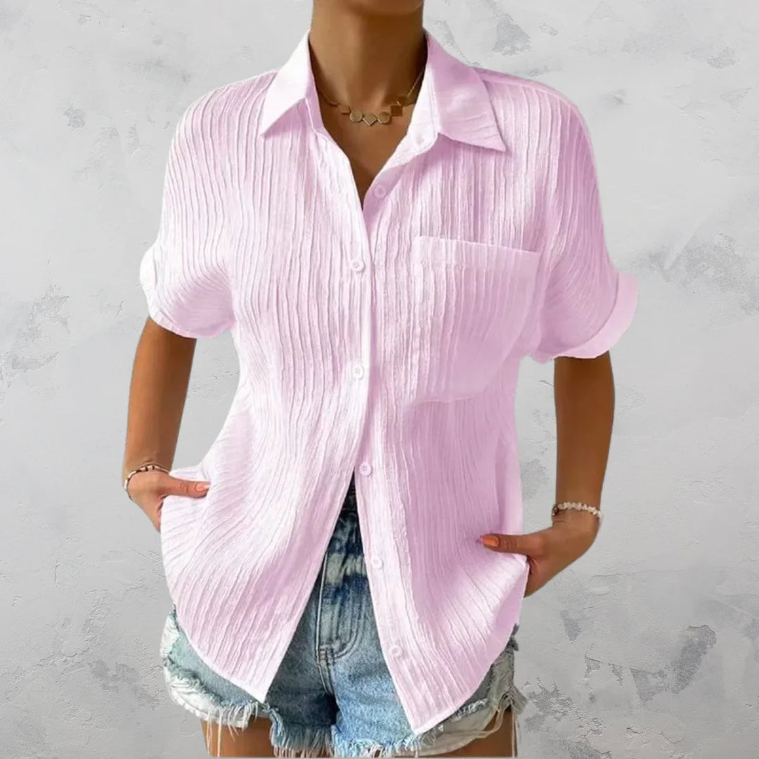 Texturiertes, lässiges Sommerhemd mit Knöpfen für Damen | Kurze Ärmel