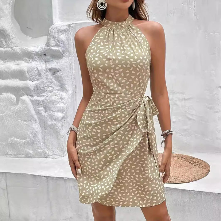 Robe Courte d'Été Femme – Col Halter Élégant avec Imprimé Minimaliste et Ceinture Noeud