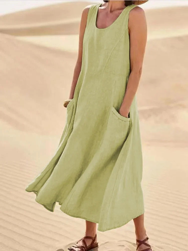 Ärmelloses Kleid aus Baumwolle und Leinen mit Taschen für Damen