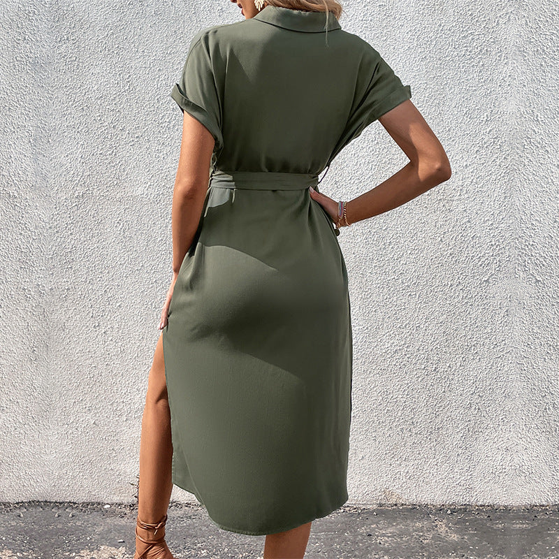 Robe Chemise Femme Été – Boutonnée, Ceinturée à la Taille et Manches Courtes Repliées