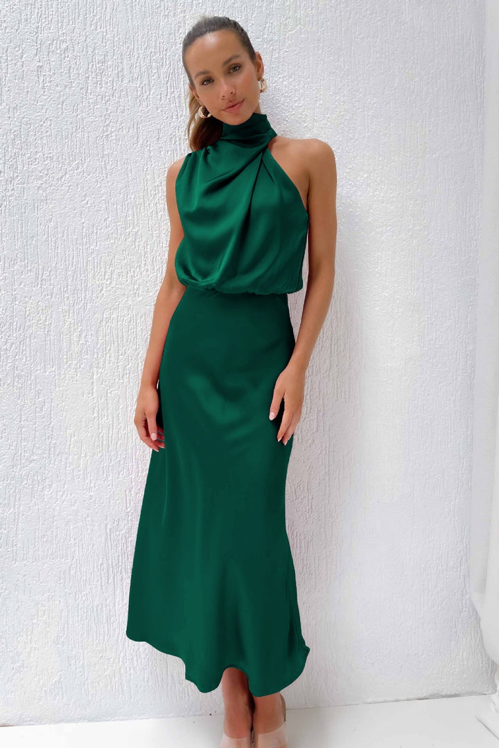 Robe Midi Femme Élégante – Robe Satinée Col Haut Drapé pour Soirée ou Occasion Spéciale