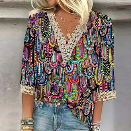 Bedrucktes V-Ausschnitt Boho-Stil Oberteil für Damen | Schick