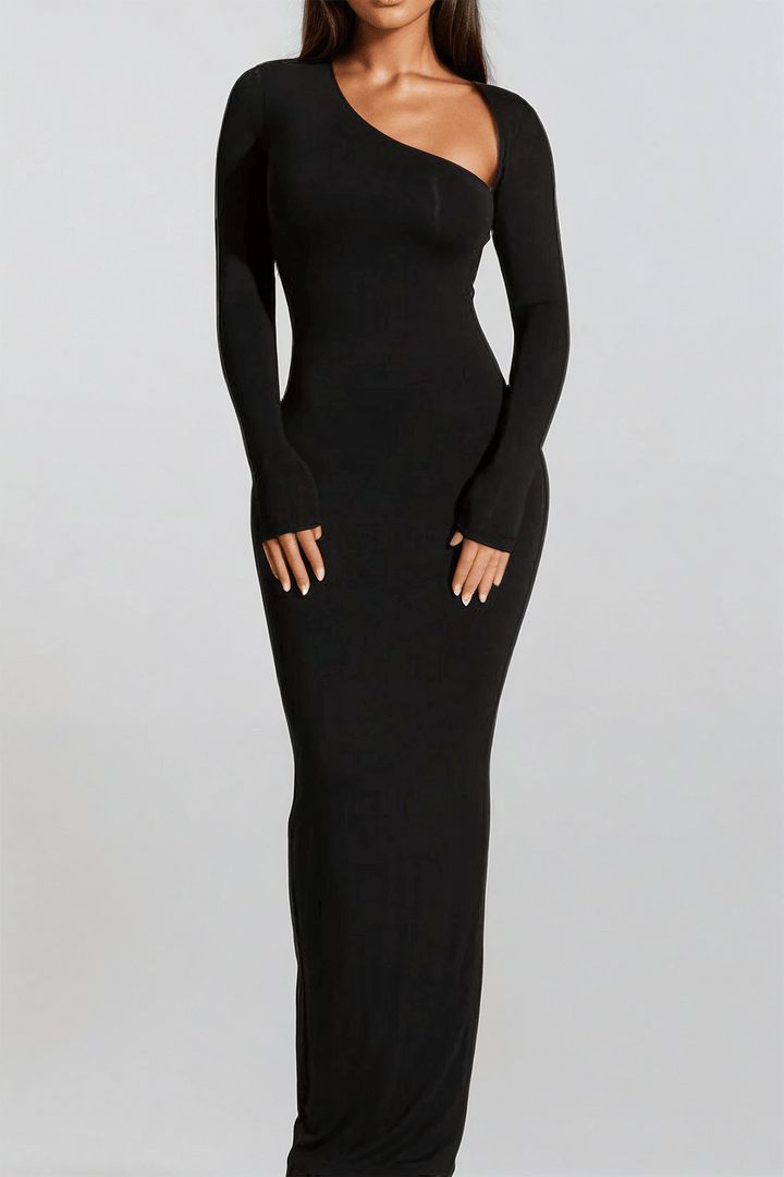 Robe Longue Asymétrique Élégante – Coupe Ajustée et Confort Stretch