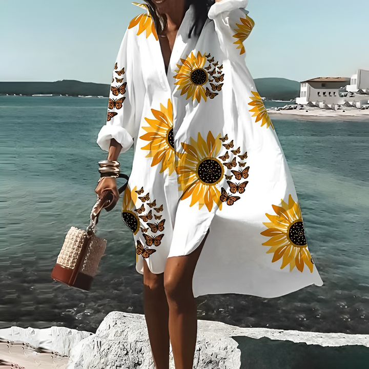 Robe Chemise Oversize Femme – Motif Graphique & Coupe Décontractée – Look Bord de Mer ou Vacances