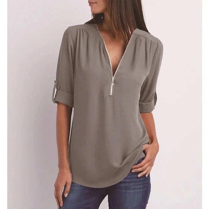 Marta | Blusa taglie forti a maniche 3/4 ampia con cerniera