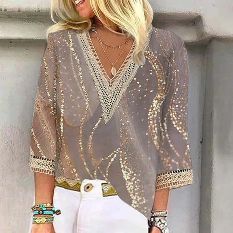 Bedrucktes V-Ausschnitt Boho-Stil Oberteil für Damen | Schick