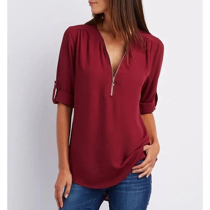 Marta | Blusa taglie forti a maniche 3/4 ampia con cerniera