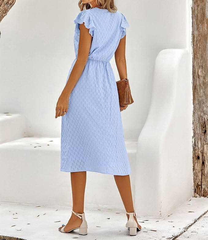 Robe Midi Boutonnée à Manches Volants – Élégance Légère pour Été, Brunch ou Promenade en Ville